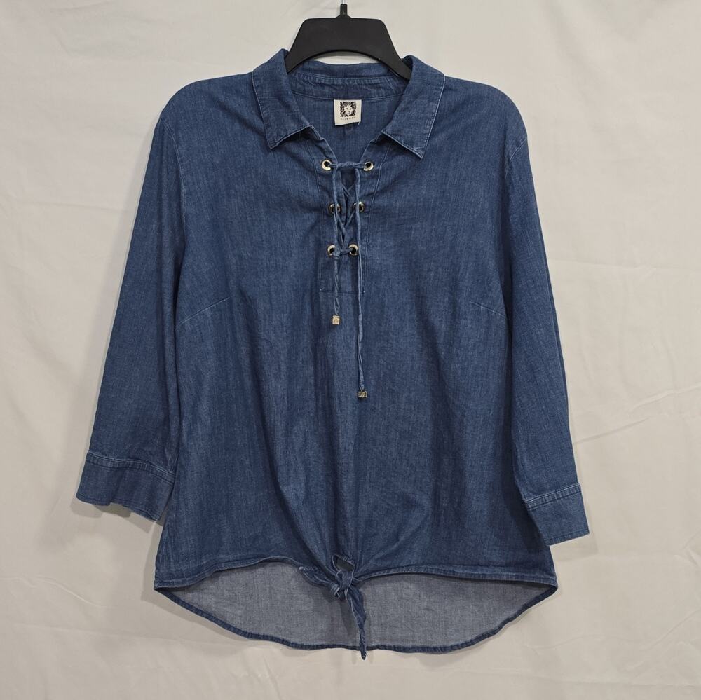 Anne Klein Womens L Blue Denim Stretch Collared 3/4 Sleeve Lace-Up Blouse